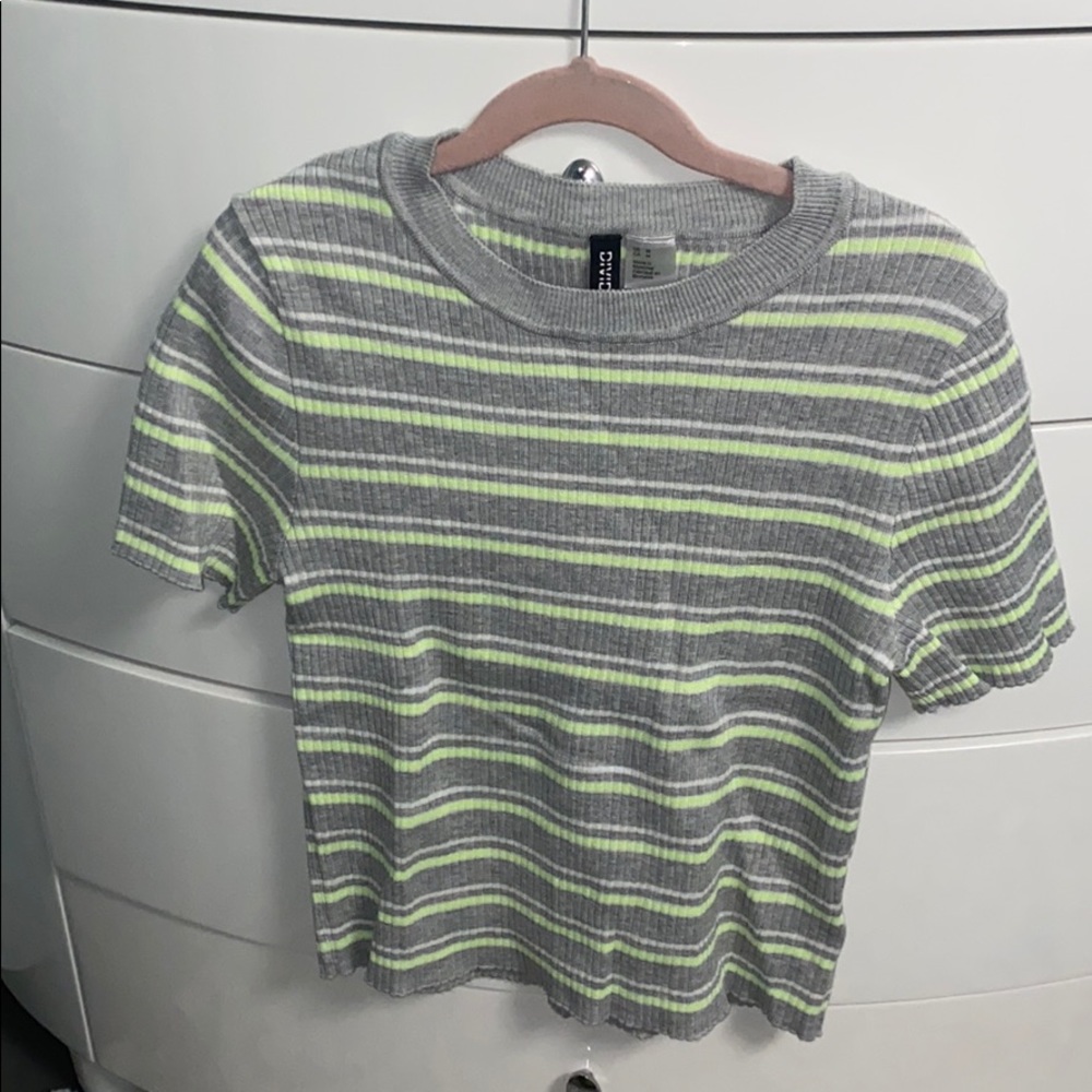 lime green, grey and white stripe crop top,